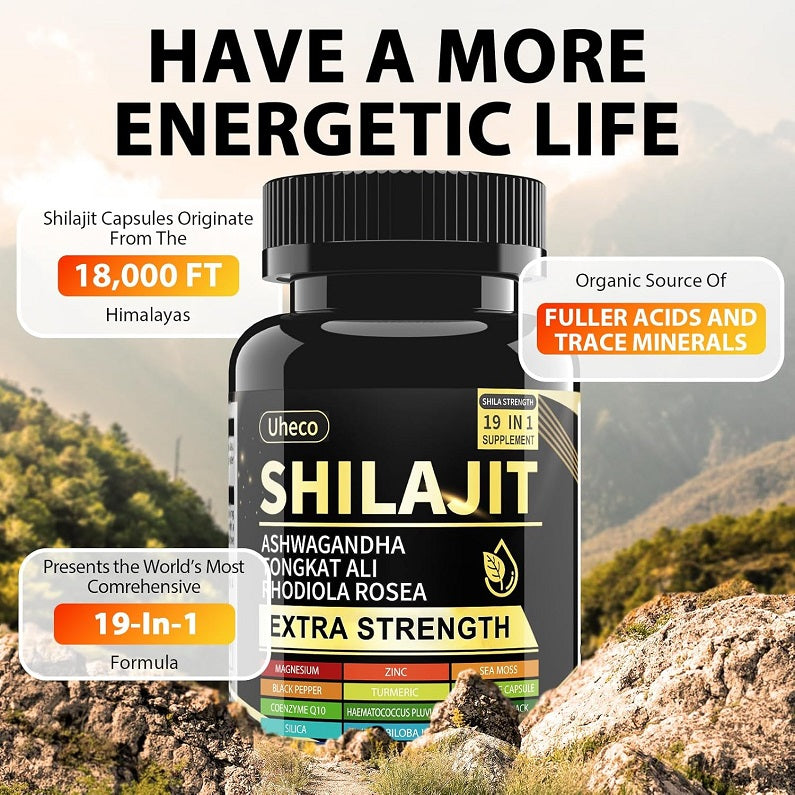 Shilajit supplement bottle, black cap and gold label for extra strength