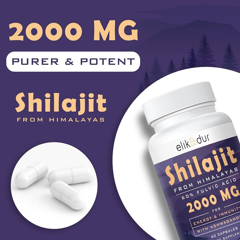Elikadur Shilajit 2000 mg bottle with two white capsules
