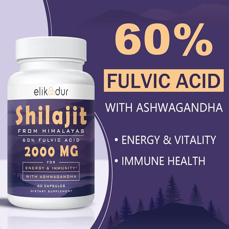 Elikadur Shilajit 2000 mg bottle with 60% fulvic acid and ashwagandha