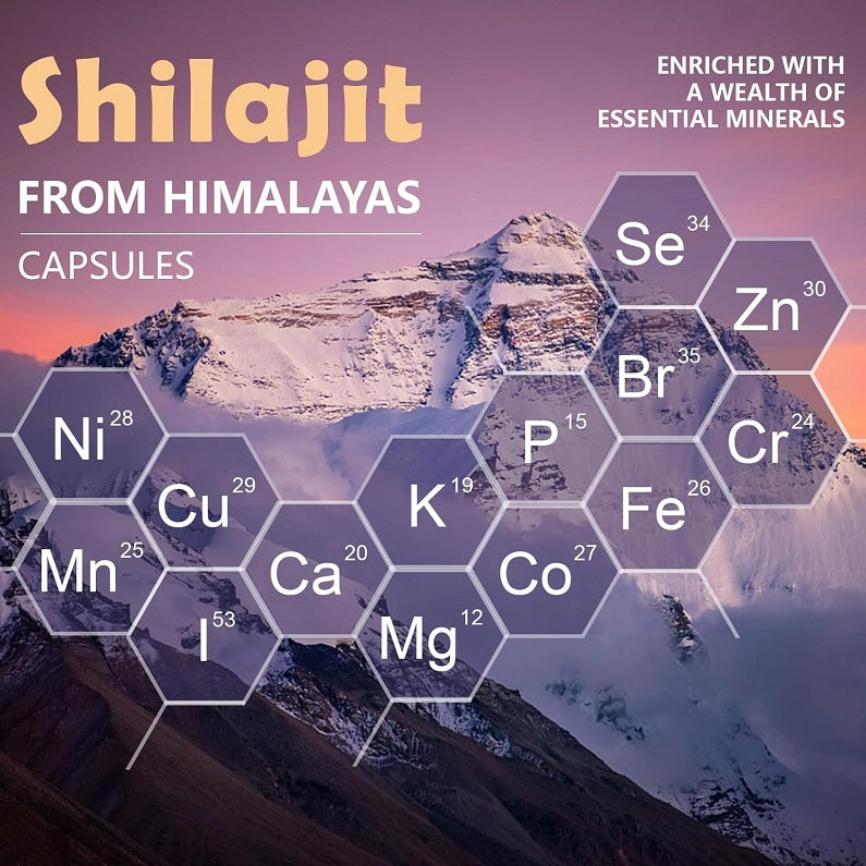 Shilajit capsules supplement graphic with mineral hexagon icons and essential minerals