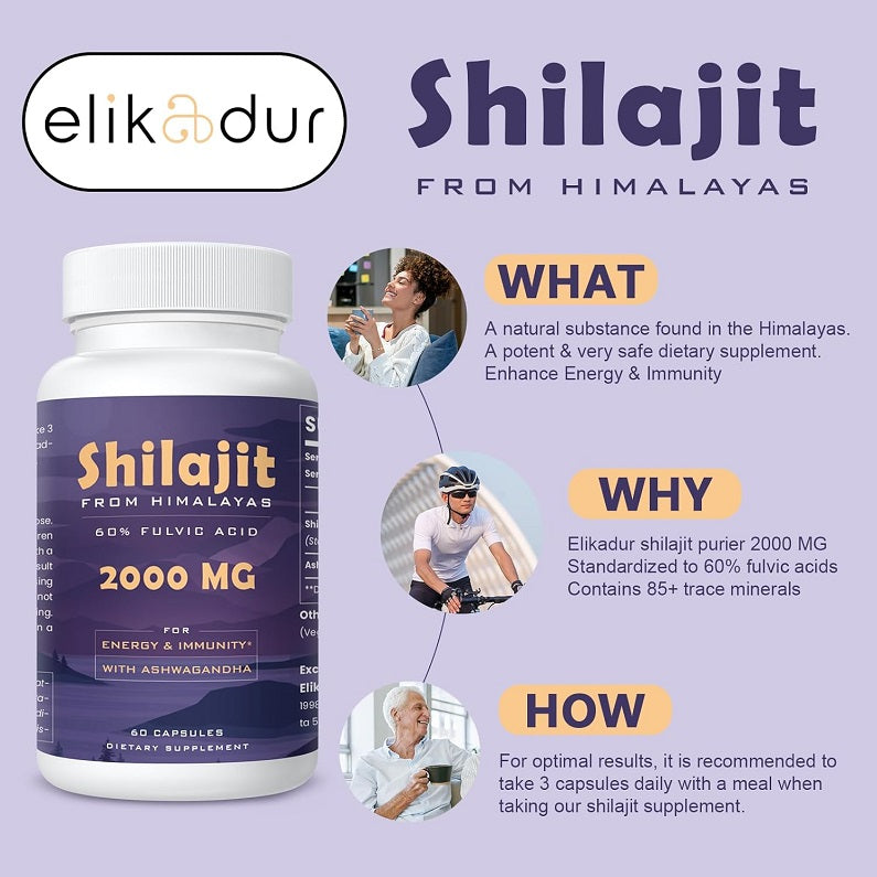 Elikadur Shilajit 2000 mg bottle with illustrated usage and benefits