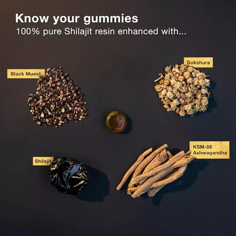 Shilajit gummies ingredients: dark shilajit resin, ashwagandha root, and gummy piece
