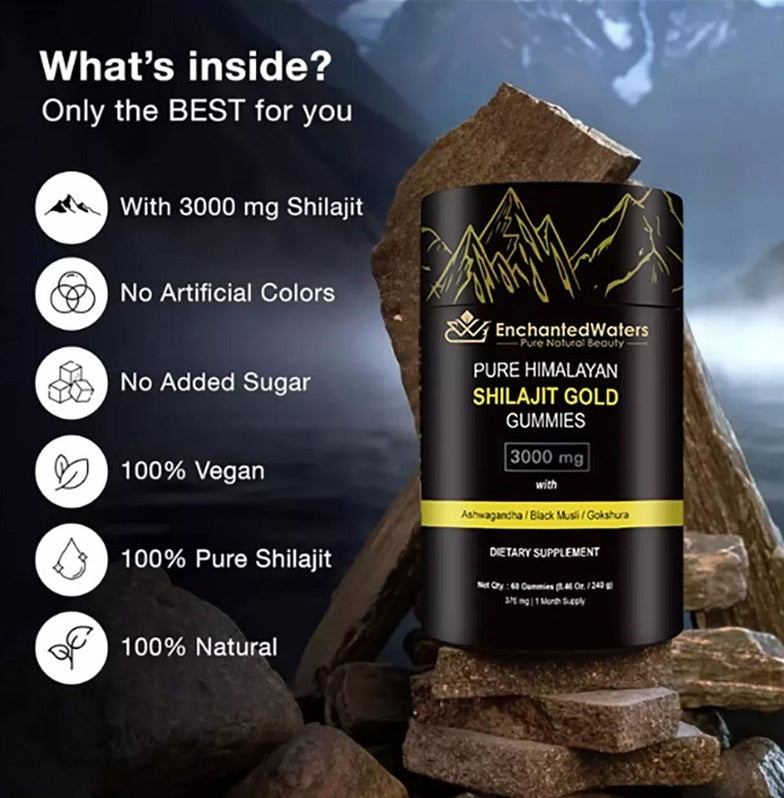 Shilajit gold gummies bottle with 3000 mg label and visible gummy pieces