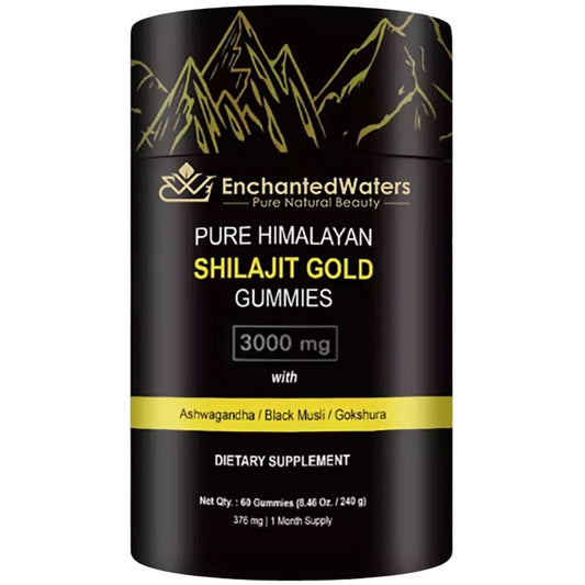 Shilajit gold gummies supplement bottle, 3000 mg, black and gold label