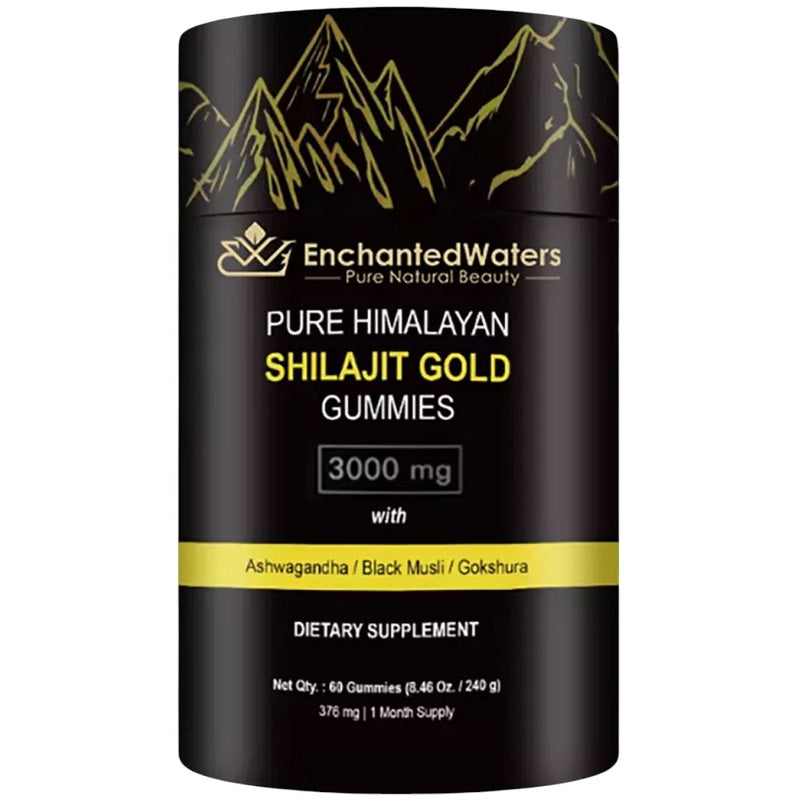 Shilajit gold gummies supplement bottle, 3000 mg, black and gold label
