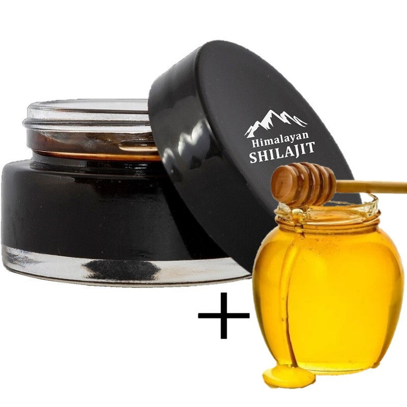 Dark resin jar with black lid labeled Himalayan Shilajit, plus amber honey bottle