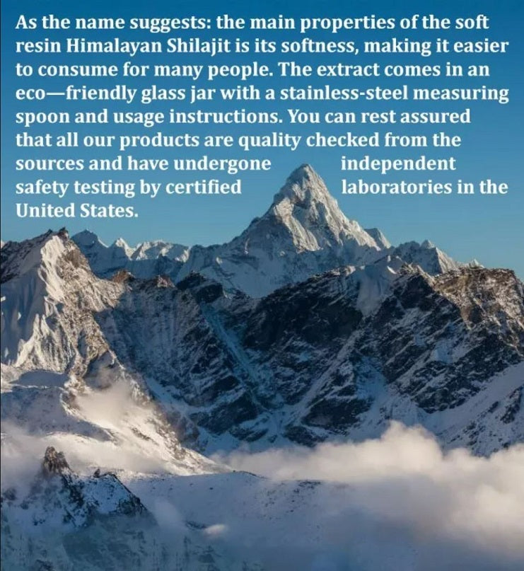 Snowy Himalayan mountain peaks with product information text