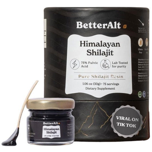 BetterAlt Himalayan shilajit resin supplement jar and 30g pouch, dietary supplement