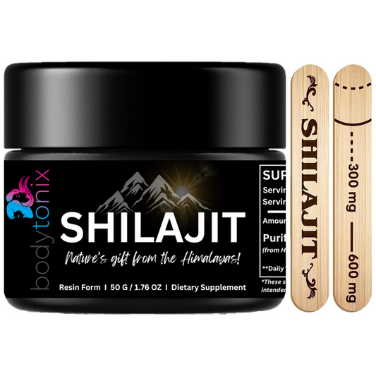 Shilajit resin supplement jar with black lid and SHILAJIT label, 50g