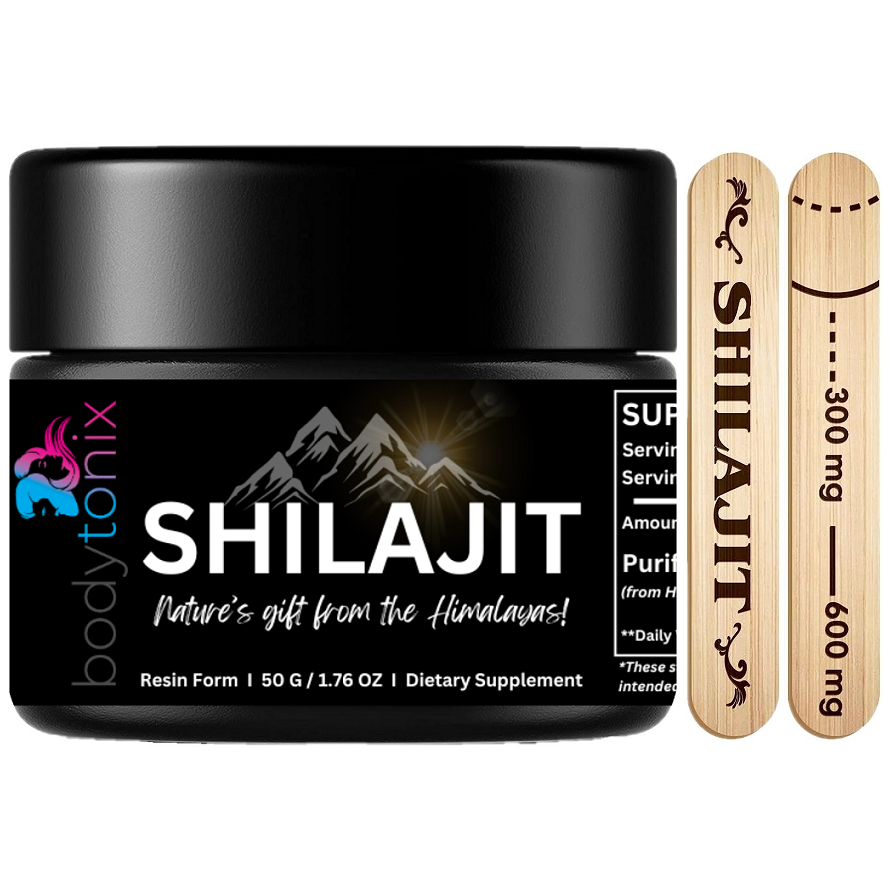 Shilajit resin supplement jar with black lid and SHILAJIT label, 50g