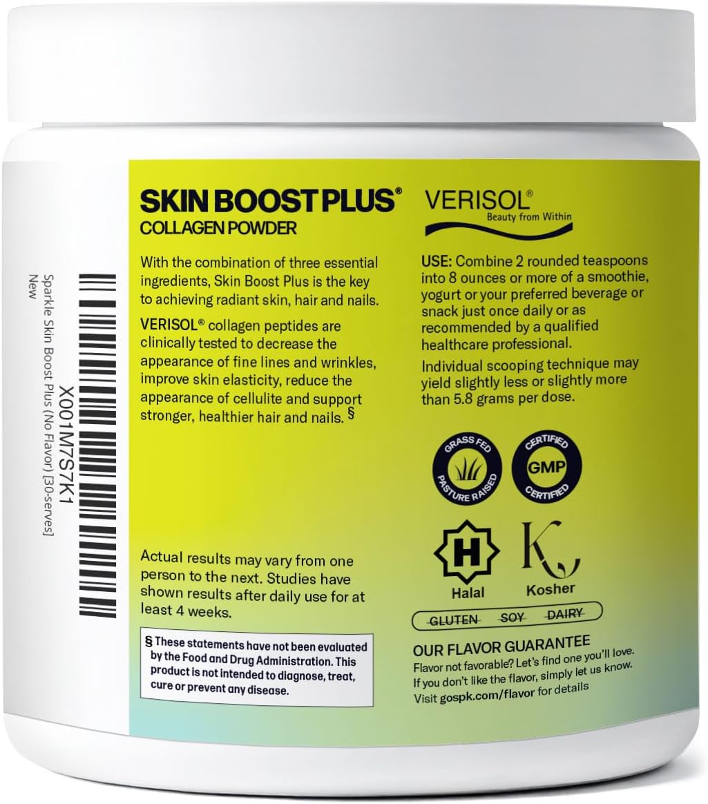 Skin Boost Plus VERISOL collagen powder back panel on white tub