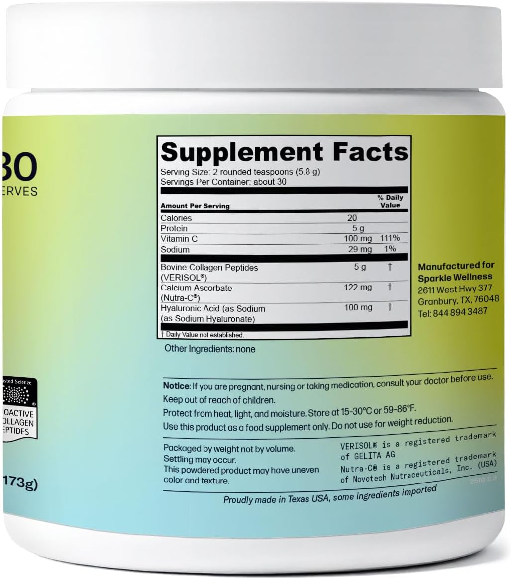 Collagen powder Supplement Facts label on white supplement tub
