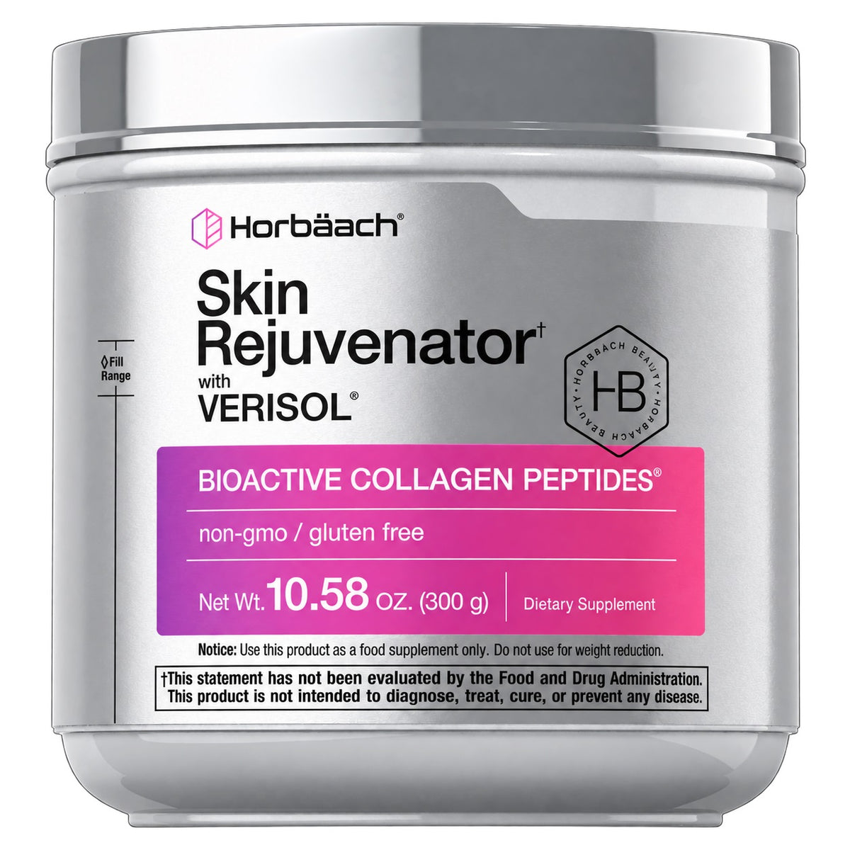 Silver collagen peptides supplement jar with pink VERISOL label, 300 g net weight.
