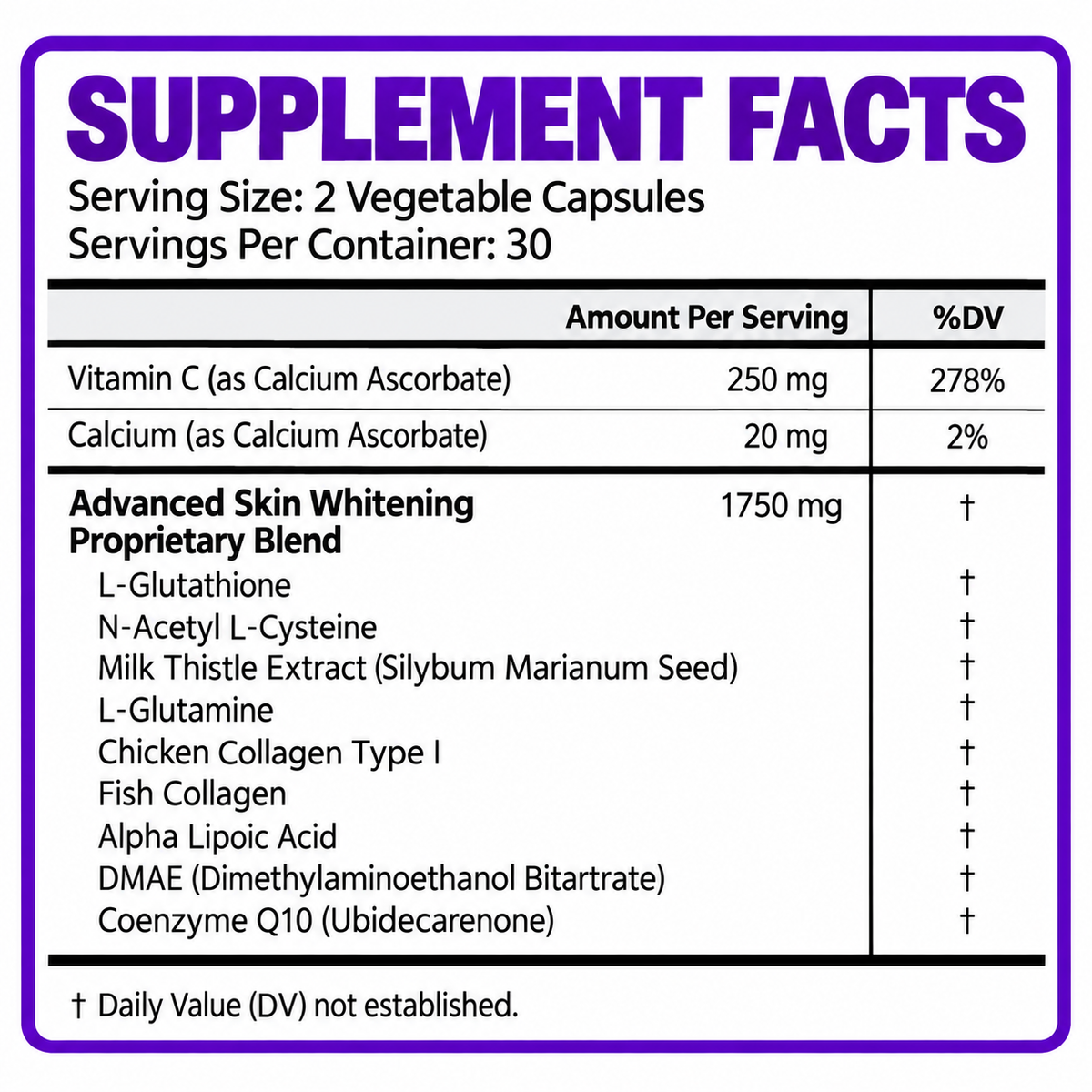 Supplement Facts panel for skin whitening glutathione complex, 2 capsules per serving