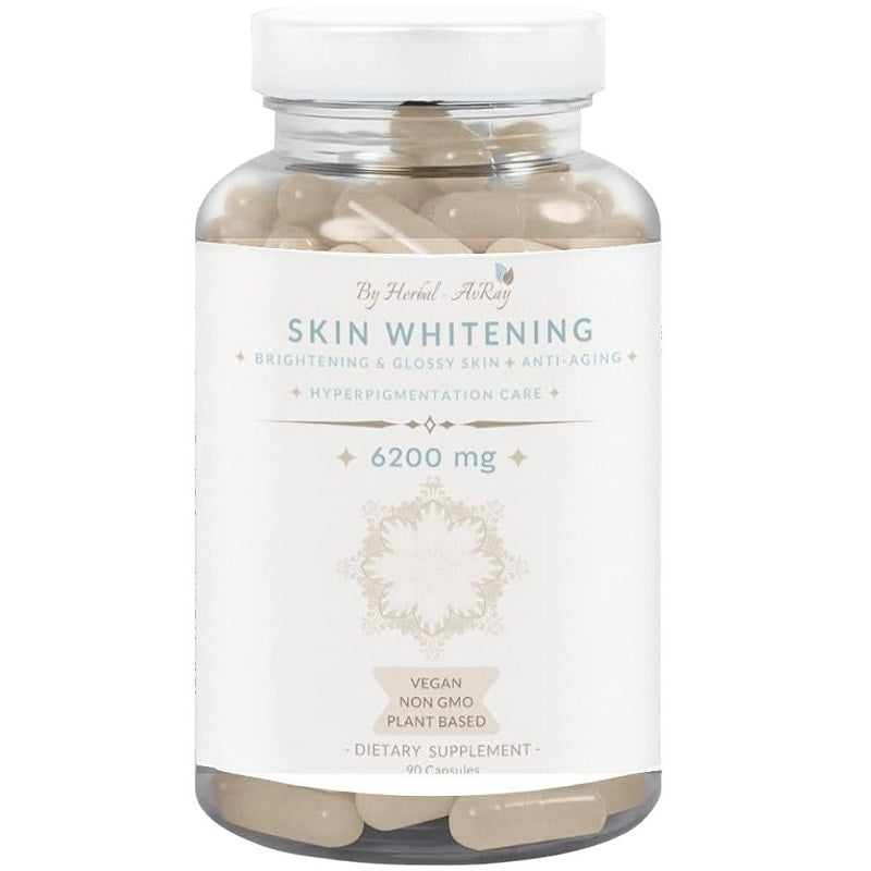 Herbal-AvRay skin whitening glutathione capsules in white plastic bottle, 90 capsules