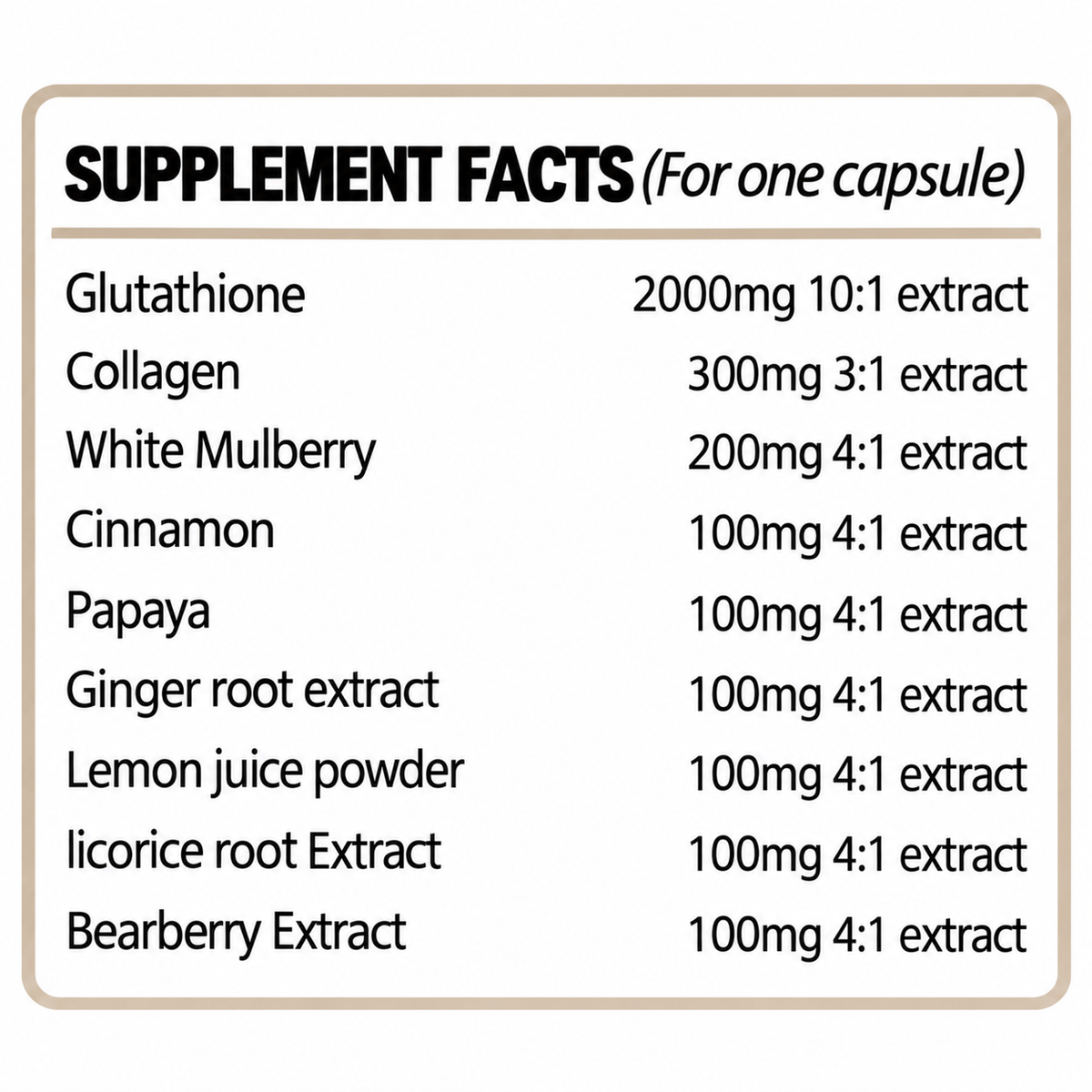 Supplement Facts label for one capsule with glutathione, collagen, and other extracts