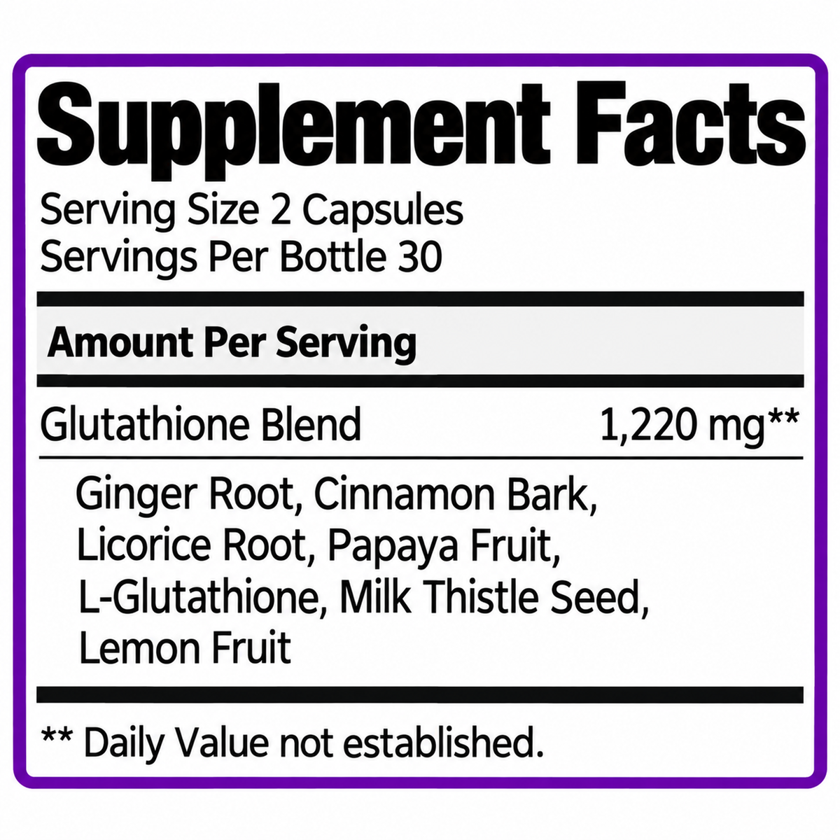 Glutathione blend supplement facts label with 1,220 mg per serving, 2 capsules