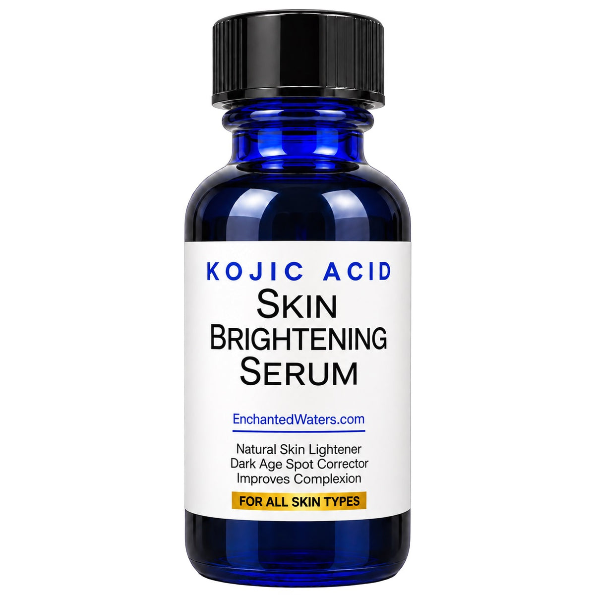 Kojic acid skin brightening serum bottle with blue glass and black cap