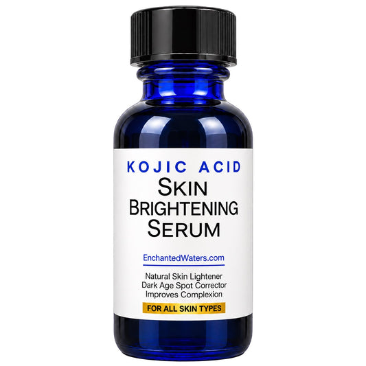 Kojic acid skin brightening serum bottle with blue glass and black cap