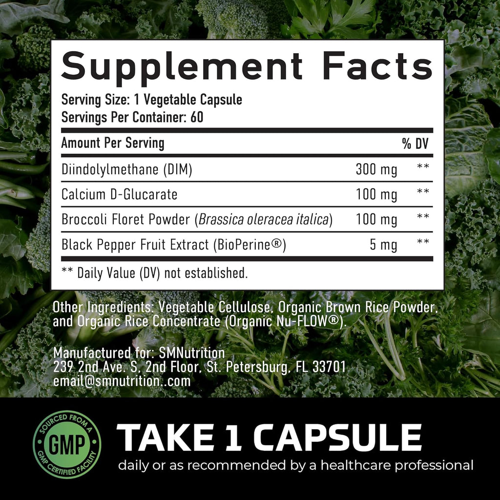 DIM For Men 300 mg supplement facts label with serving and ingredient details