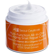 Snail repair cream jar with orange label and white screw-top lid, cream visible