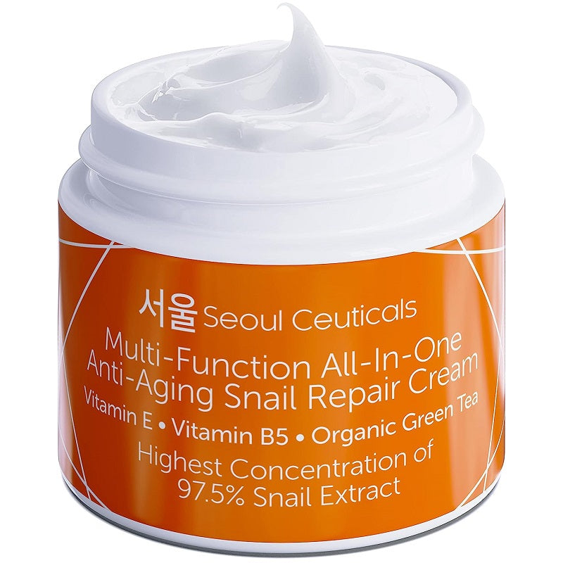 Snail repair cream jar with orange label and white screw-top lid, cream visible