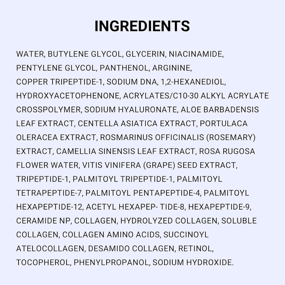 Ingredients information panel for a copper peptide serum
