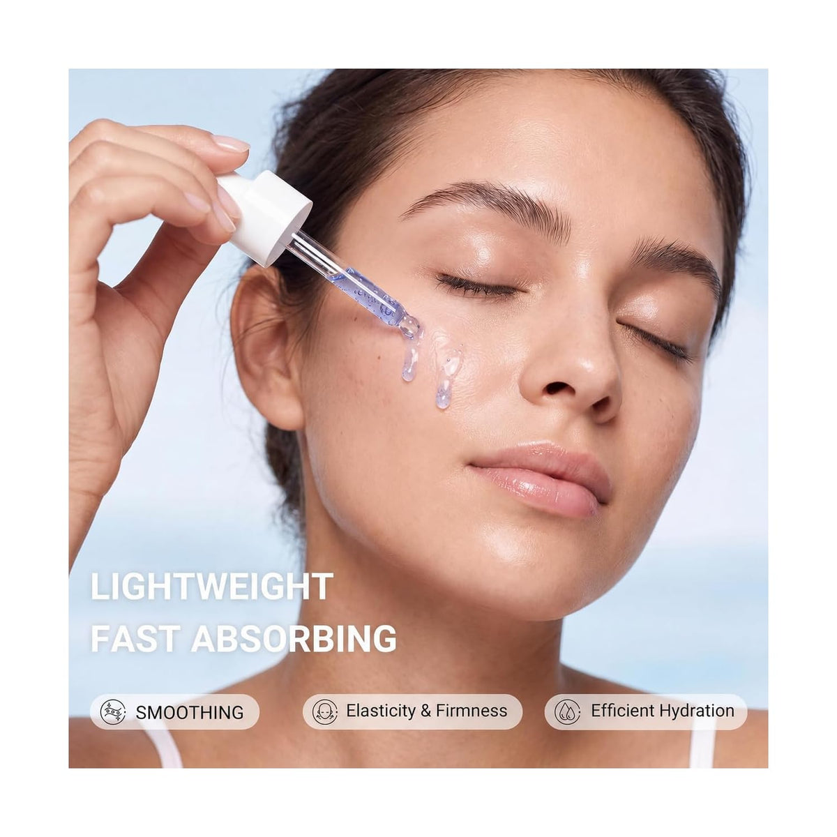 Copper peptide serum applicator dispensing blue serum onto closed eye area