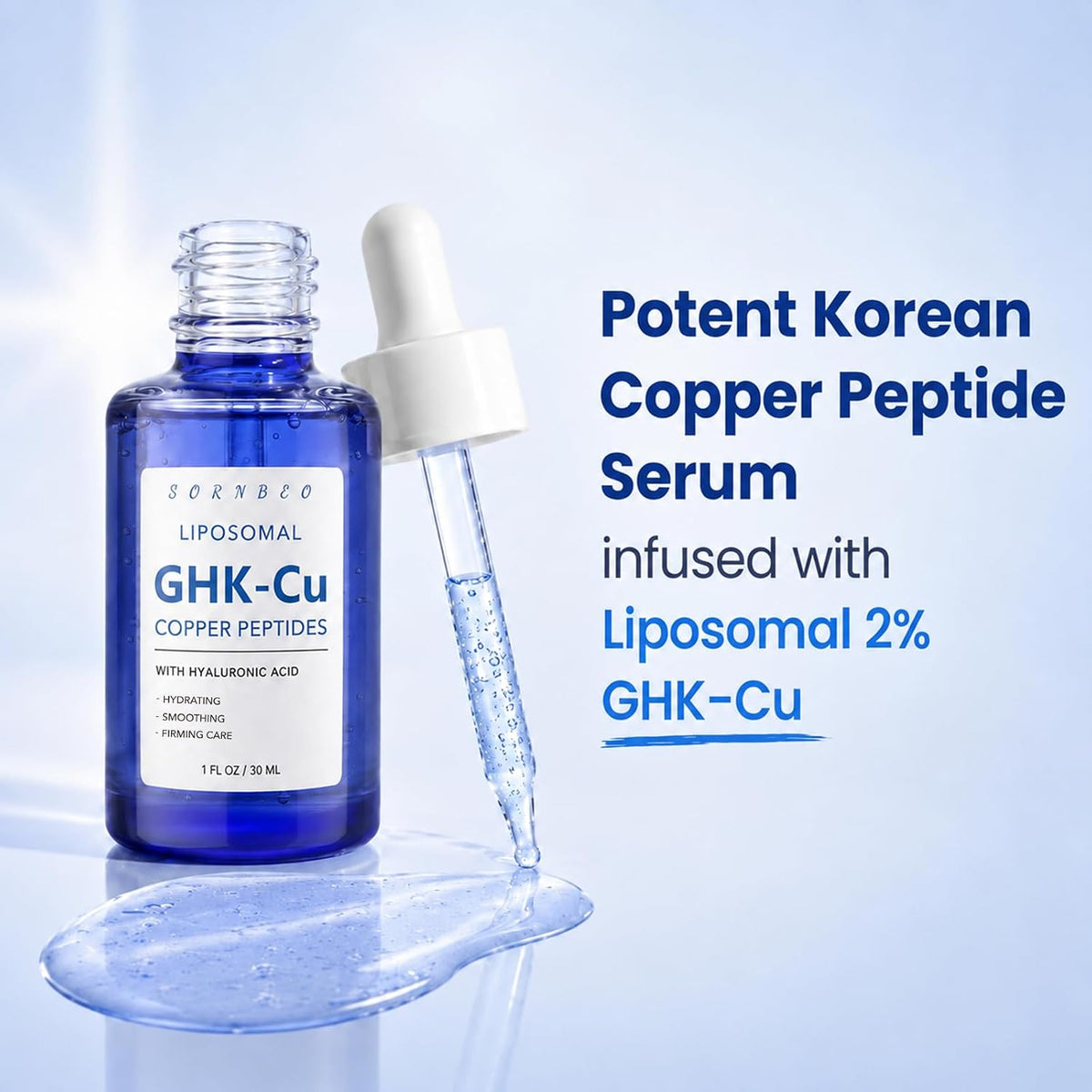 Potent copper peptide serum bottle with dropper, blue serum drip