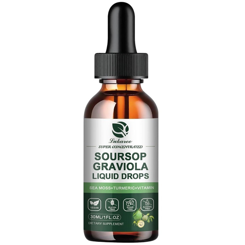 Lukaree soursop graviola liquid drops bottle with black dropper, 30ml label