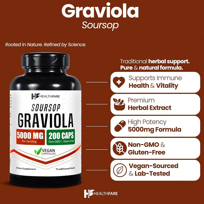 Healthfare soursop graviola capsules bottle with 5000 mg, 200 count and vegan non-GMO