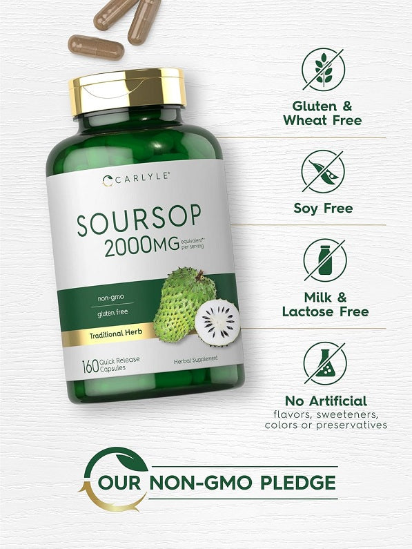 Carlyle Soursop 2000mg quick release capsules bottle, gluten- and wheat-free
