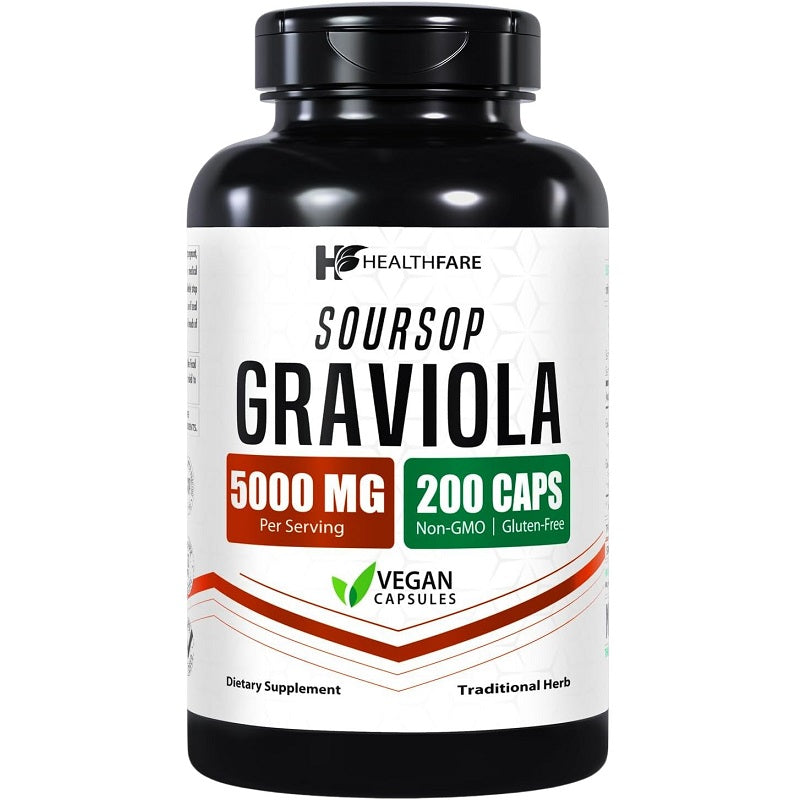 Healthfare soursop graviola extract capsules, 5000 mg, 200 non-GMO vegan bottle