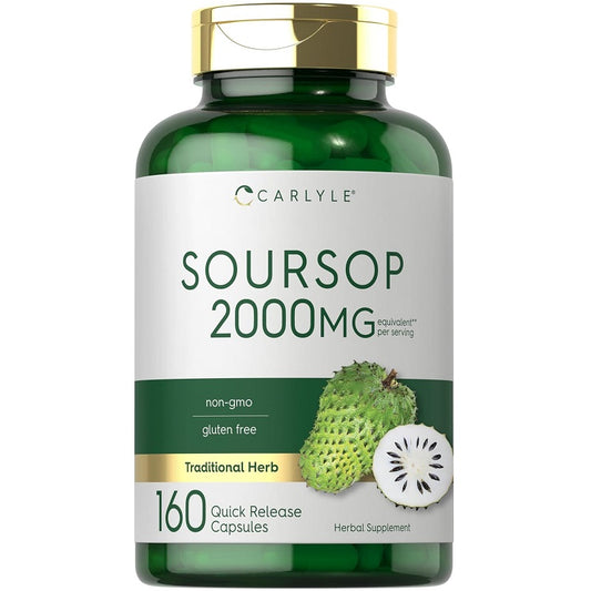 Carlyle Soursop 2000mg quick release capsules bottle, green label and gold cap