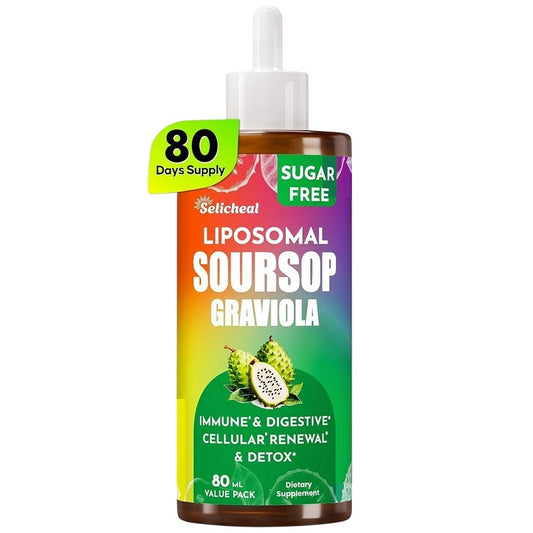 80 ml liposomal soursop liquid drops bottle with sugar-free label and dropper
