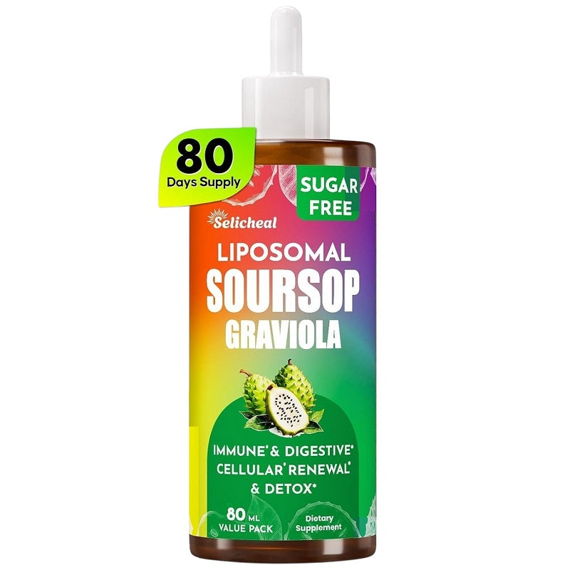 80 ml liposomal soursop liquid drops bottle with sugar-free label and dropper