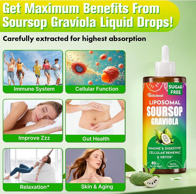 Sugar-free liposomal soursop 80 ml bottle with dropper beside wellness icons
