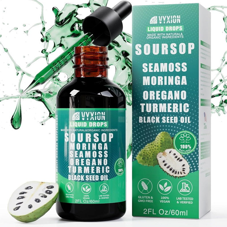 Soursop liquid drops bottle with dropper and retail box, green label