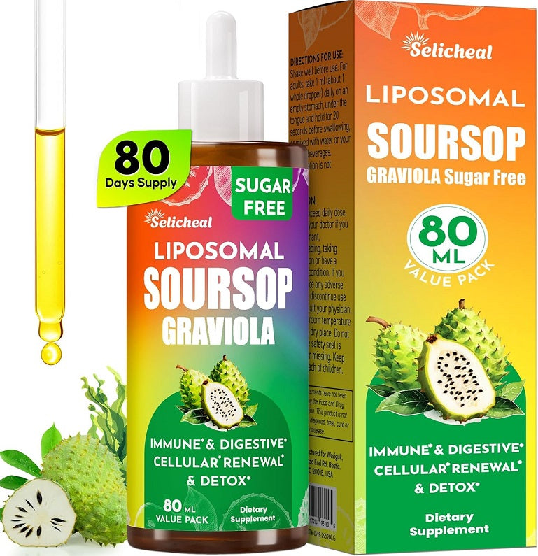 Liposomal soursop 80 ml bottle and sugar-free carton with soursop fruit graphics