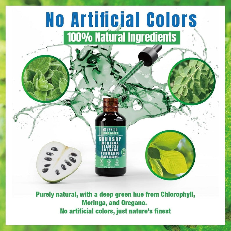 Soursop liquid drops bottle with green ingredient graphics and dropper
