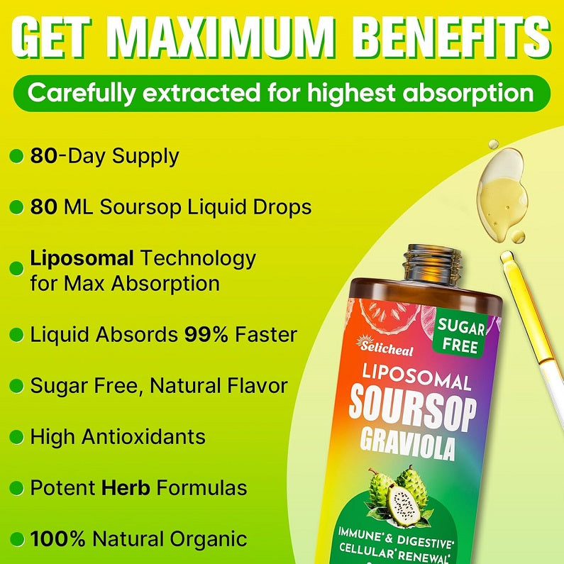 Liposomal soursop 80 ml bottle with sugar-free label beside benefit callouts