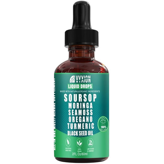 10-in-1 Soursop liquid drops bottle with black dropper, dark brown liquid, 2 fl oz