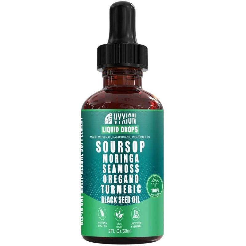 10-in-1 Soursop liquid drops bottle with black dropper, dark brown liquid, 2 fl oz
