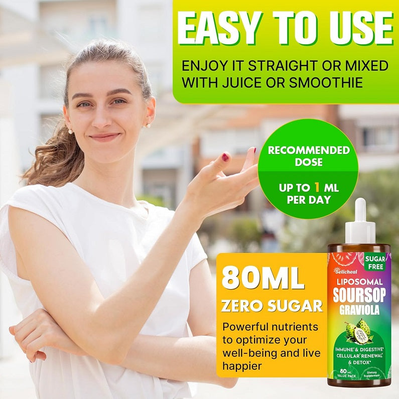 Sugar-free liposomal soursop 80 ml liquid drops bottle with dropper and dose note