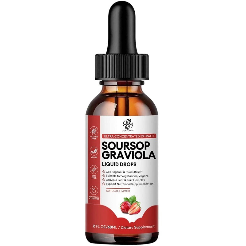 iMATCHME soursop graviola liquid drops bottle with black dropper, red label, strawberry flavor