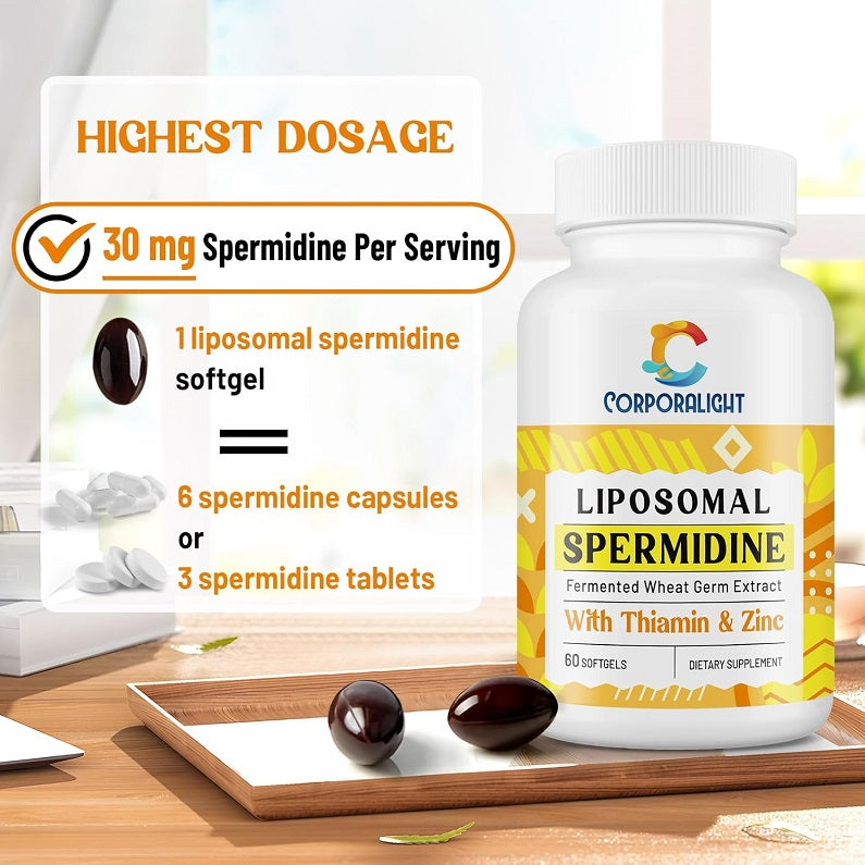 Corporalight liposomal spermidine 30 mg softgel bottle with highest dosage badge