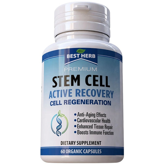 Dietary supplement bottle with blue label for stem cell active recovery