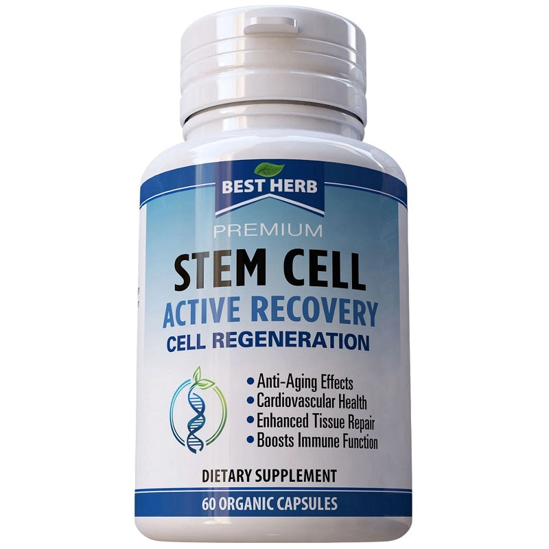 Dietary supplement bottle with blue label for stem cell active recovery
