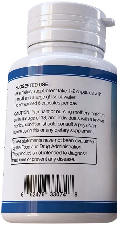 Dietary supplement bottle back label with suggested use and caution text
