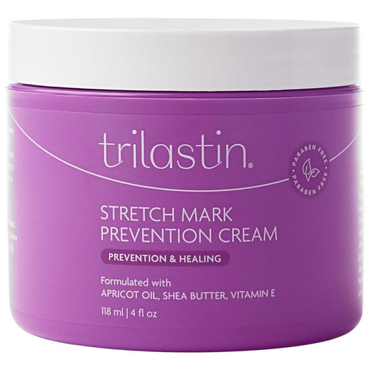 Stretch mark prevention cream jar by trilastin, purple container with white lid